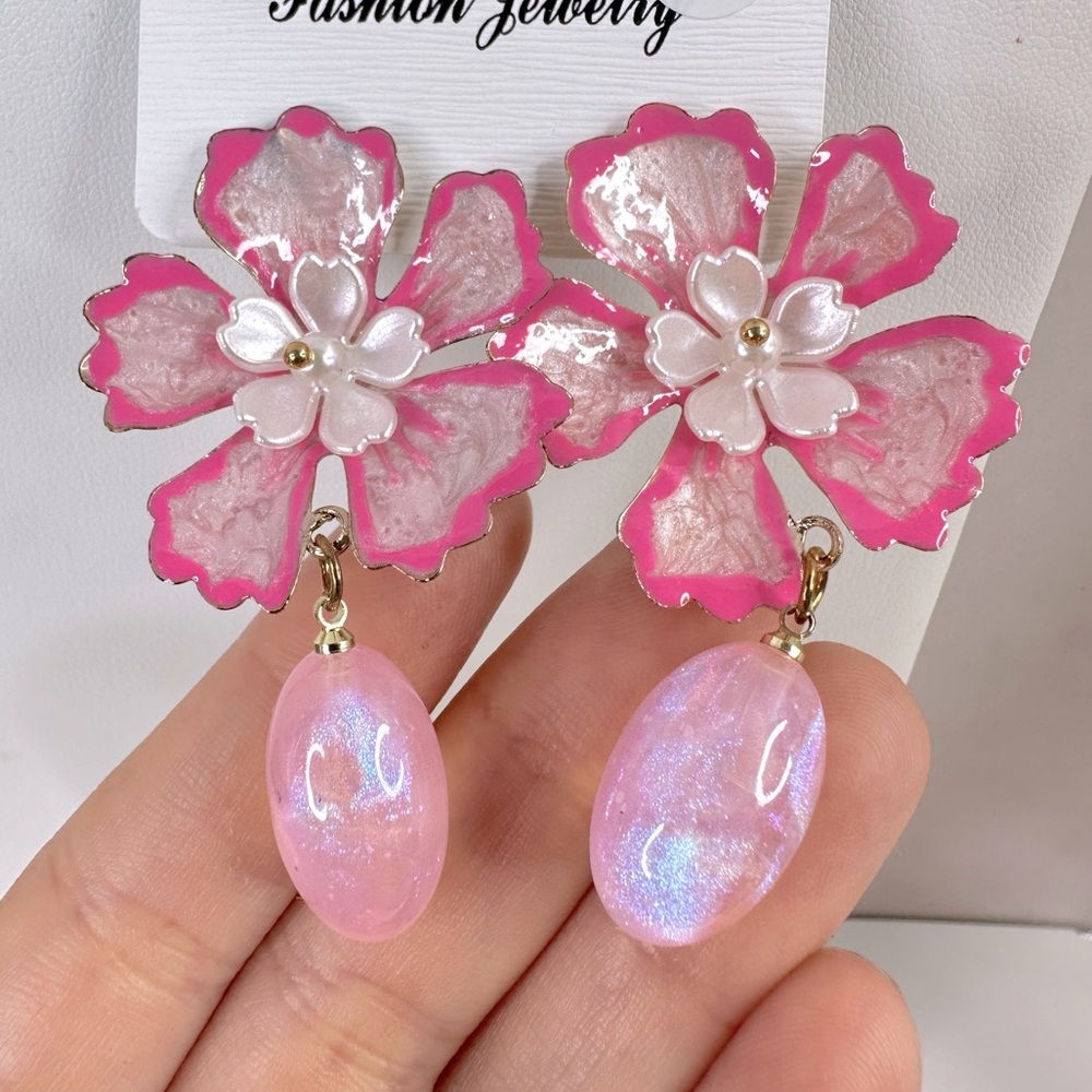 Pink flower Enamel statement earrings